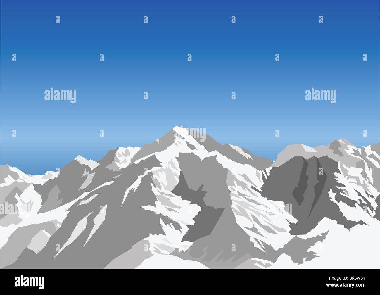 Vector snow capped remote mountain range against a blue sky Stock Photo ...