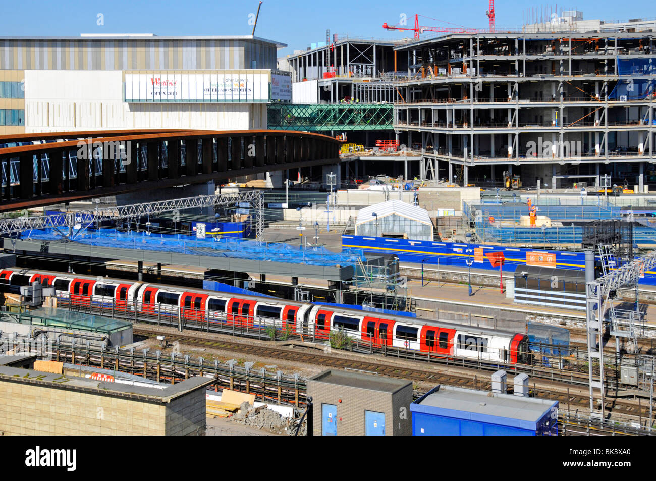 Aerial view central line train Stratford railway station work in