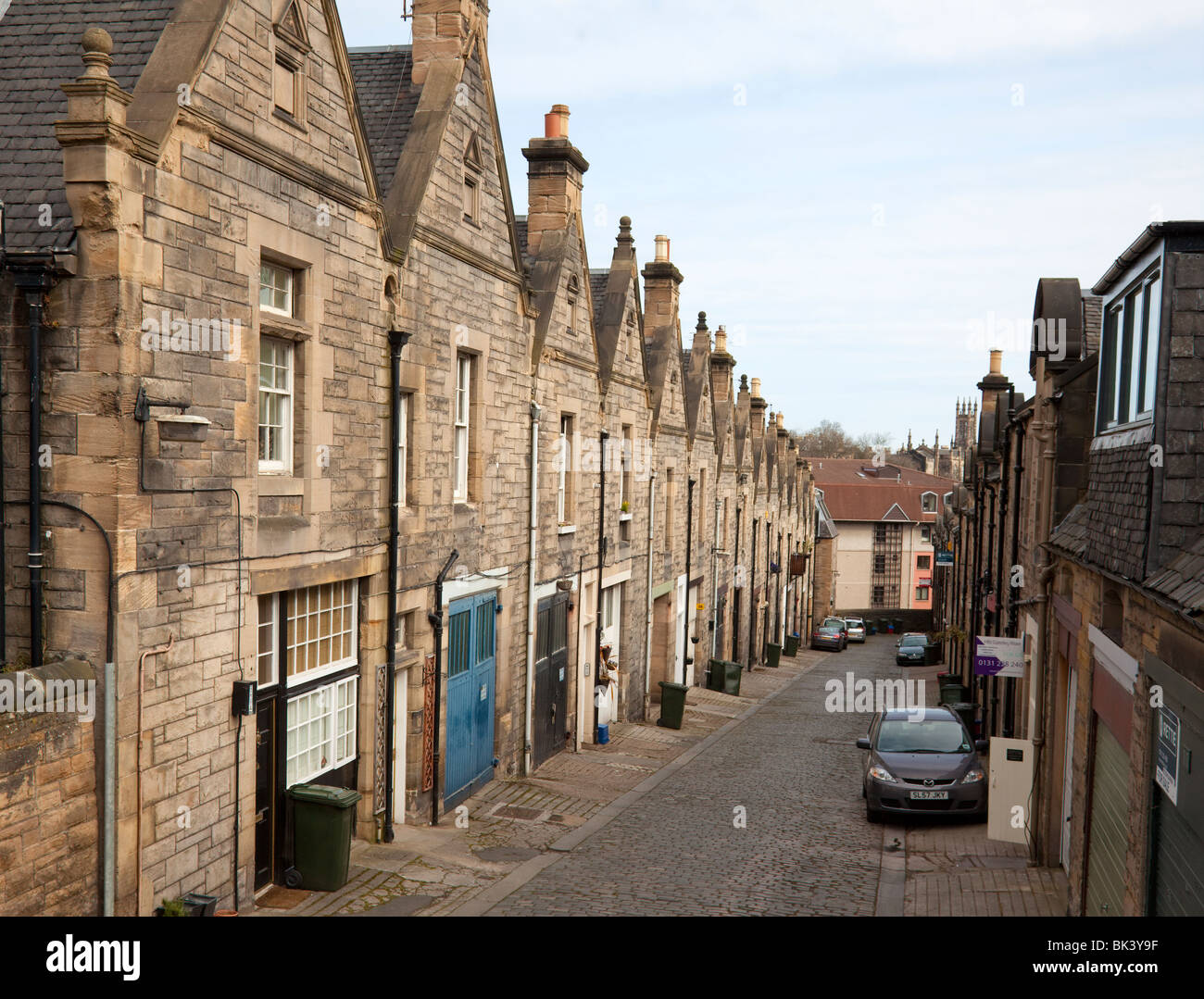Douglas Gardens Mews, a small street of residences and small businesses in the quiet Dean Village area of Edinburgh, Scotland Stock Photo