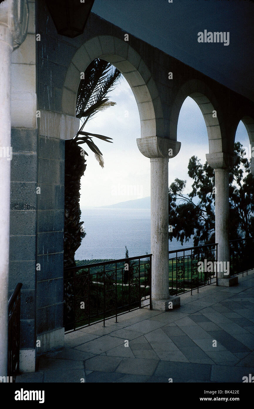Archway of the Church of the Beatitudes overlooking Lake Tiberias (Sea of Galilee), Israel Stock Photo