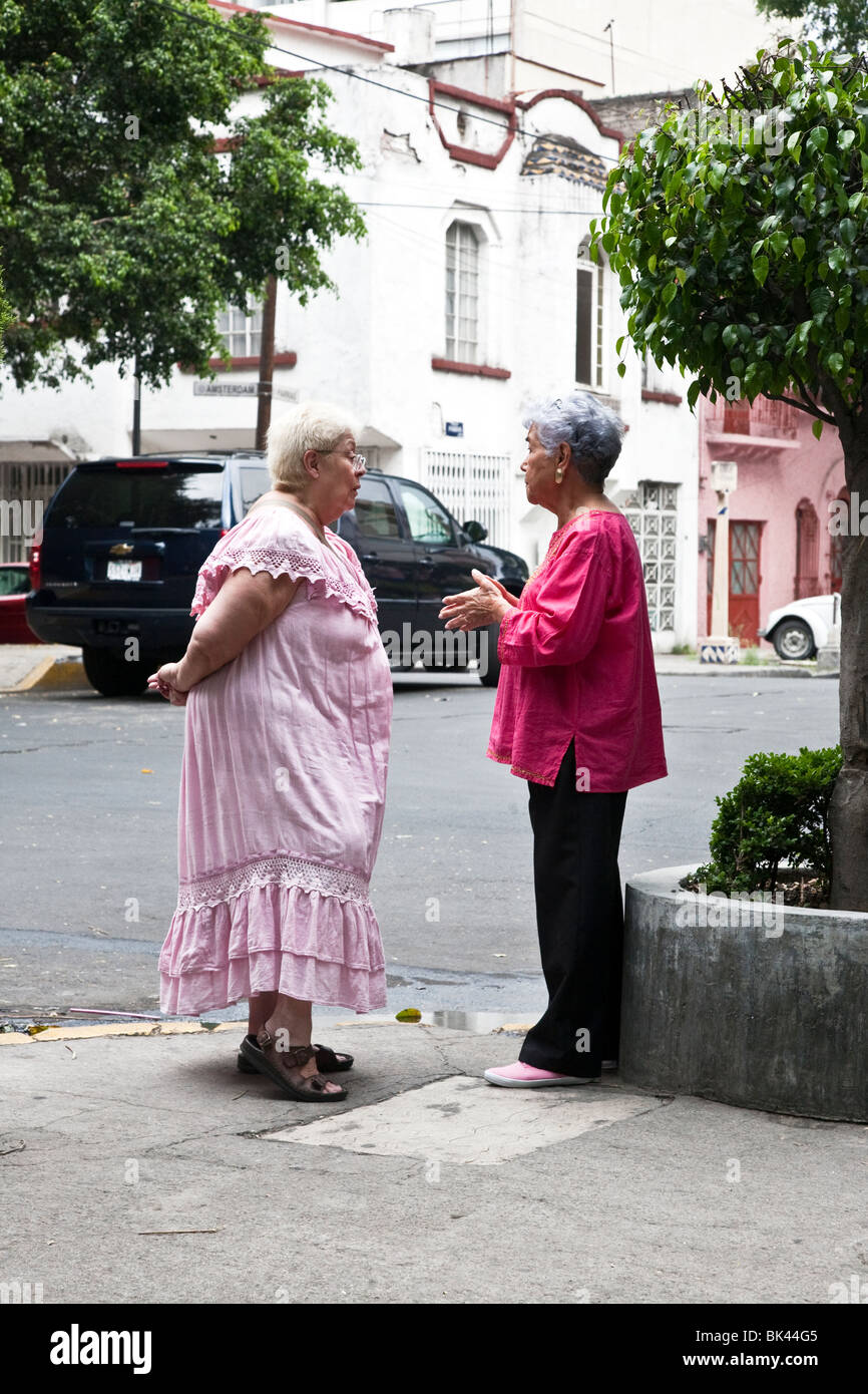 two well coiffed thoughtfully dressed Spanish ladies of certain age gossip on street corner in Condesa district of Mexico City Stock Photo