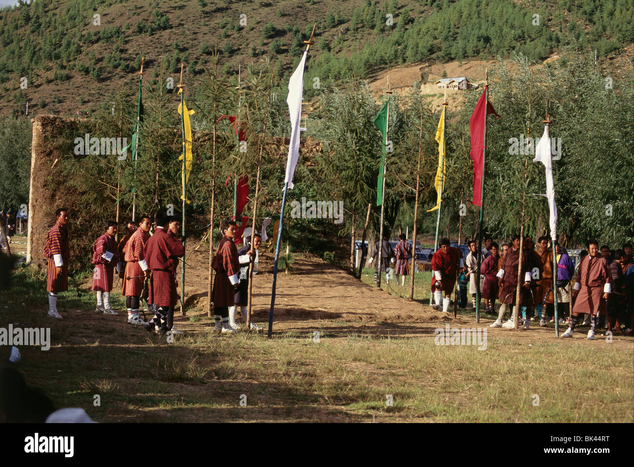 Archery range with colorful flags, Kingdom of Bhutan Stock Photo Alamy