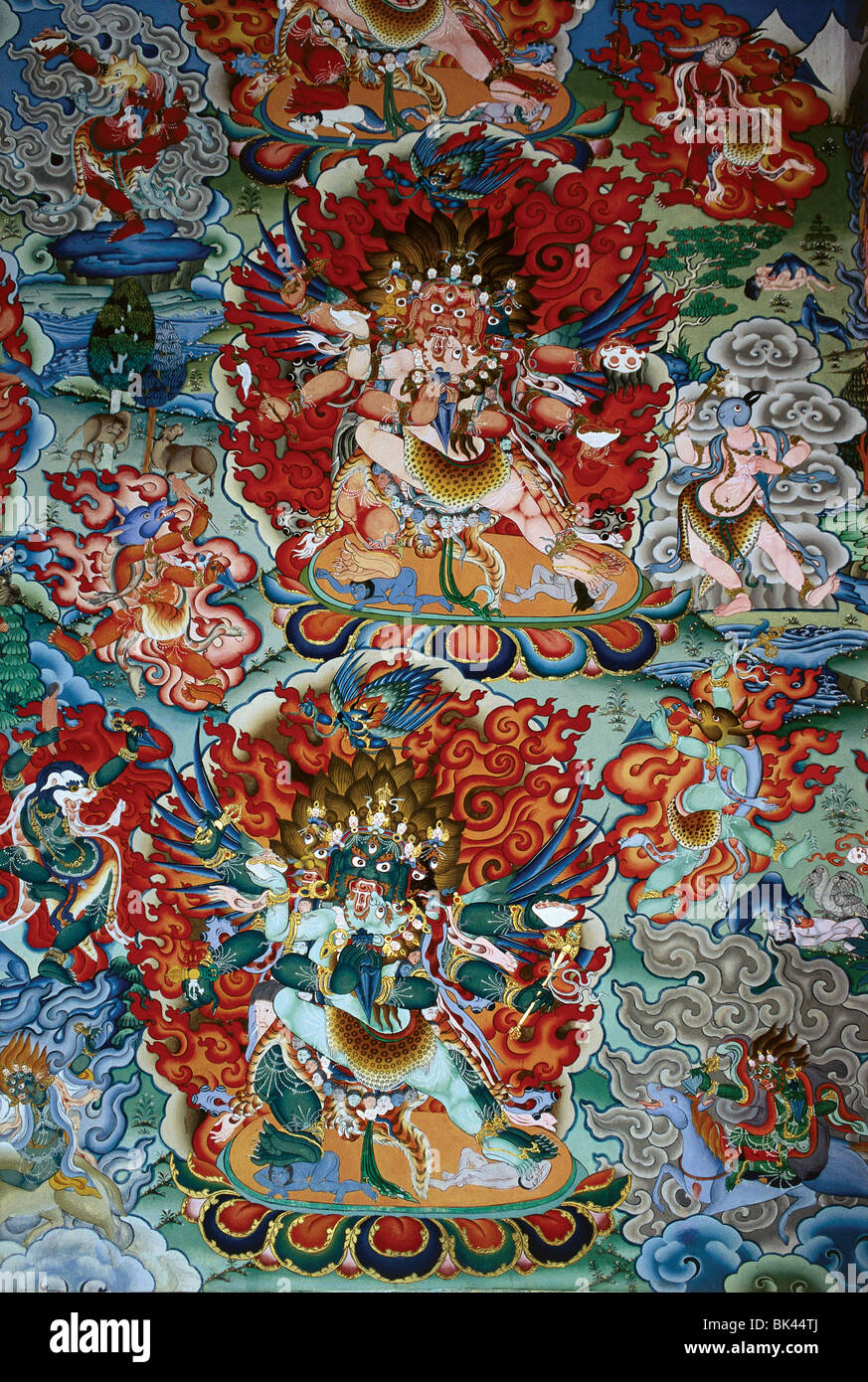 Detail of a Buddhist mural depicting terrifying deities, Kingdom of Bhutan Stock Photo