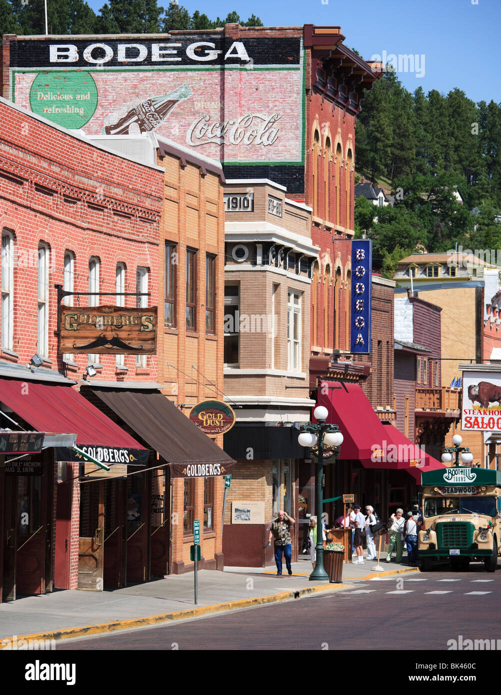 Main Street in Midwestern frontier and gambling town Deadwood City South Dakota, the place where Wild Bill Hickok was shot. Stock Photo
