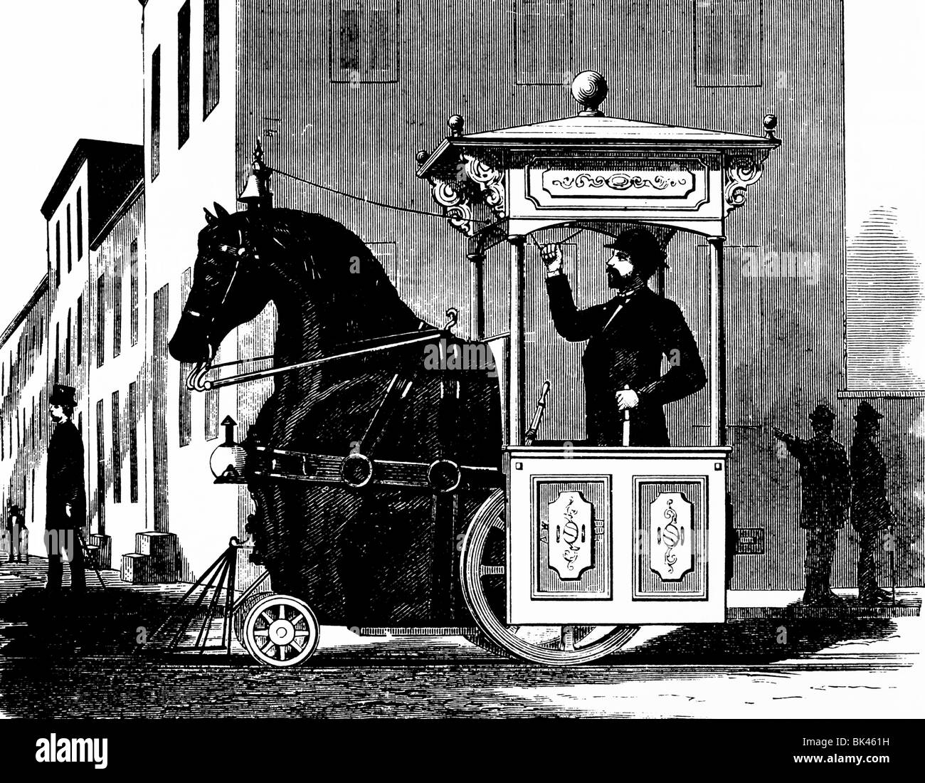 Man on streetcar with steam machine hires stock photography and images