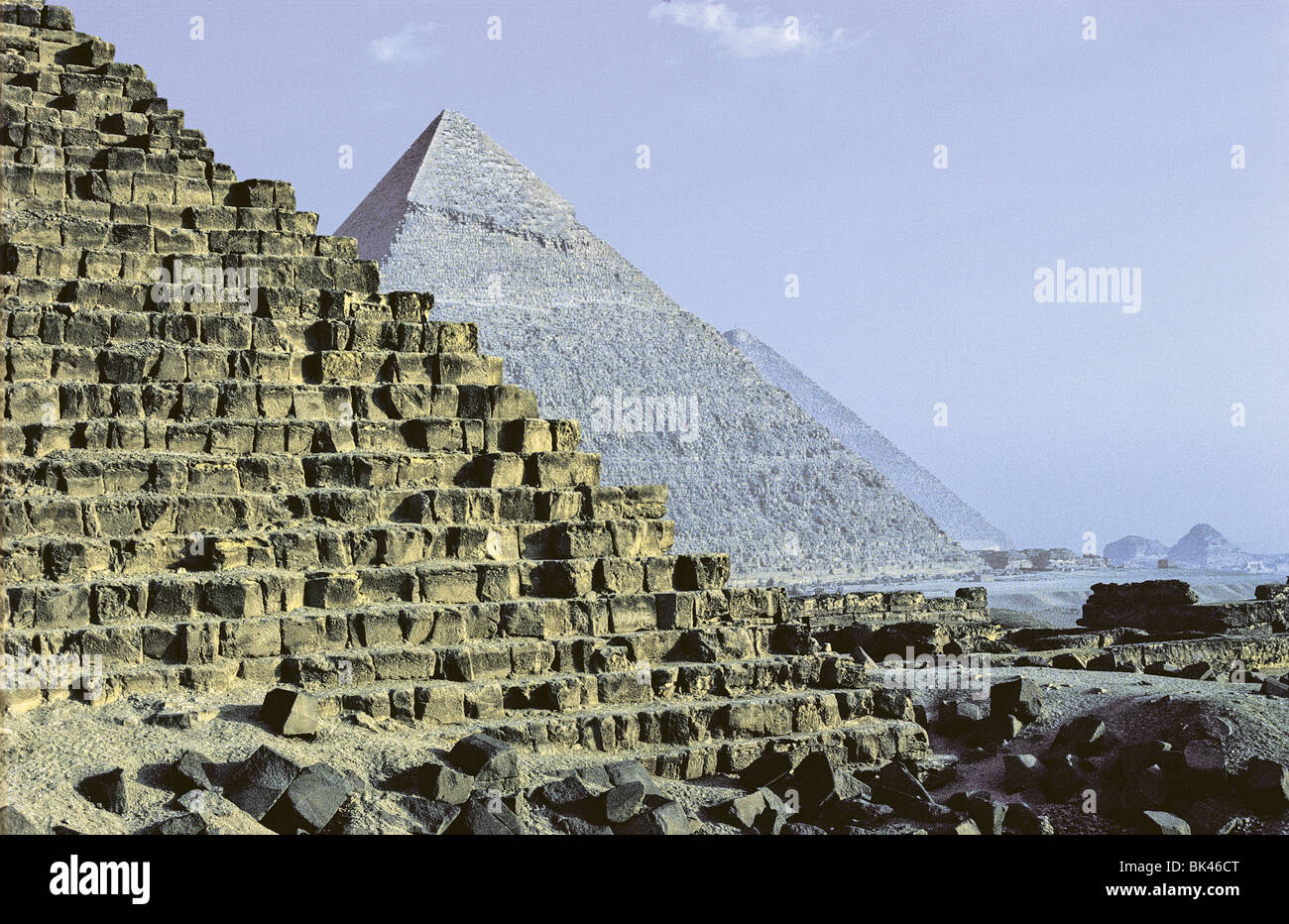 The Pyramid of Menkaure, the Pyramid of Khafre, and the Great Pyramid of Khufu in Giza, Egypt Stock Photo