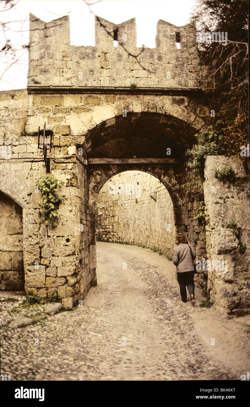 Gate in the old city walls of Rhodes, Greece Stock Photo