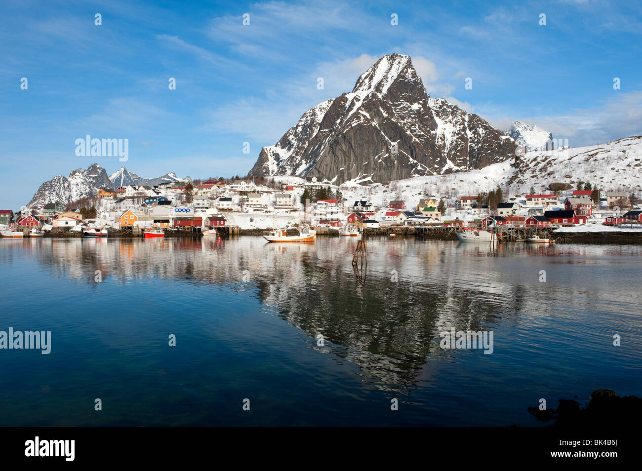 View of village of Reine in Moskenes in Lofoten Islands in Norway in winter 2010 Stock Photo