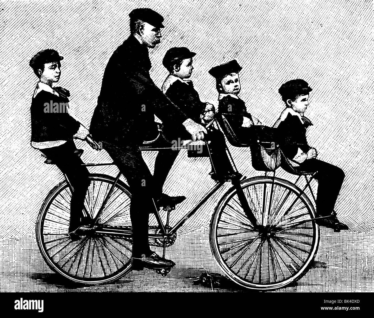 Family Bicycle with father riding the children, 1896 Stock Photo