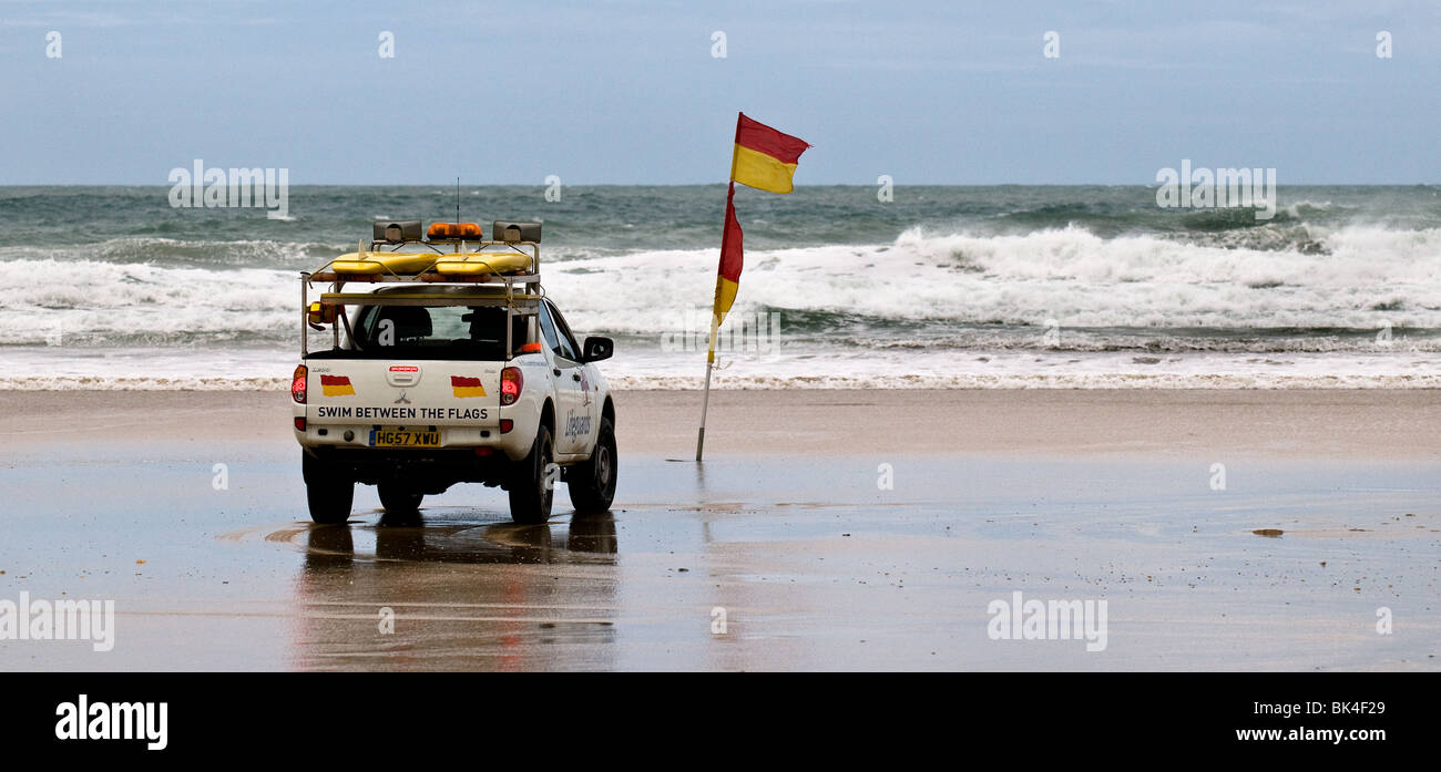 A RNLI patrol vehicle on Fistral Beach in Newquay in Cornwall.  Photo by Gordon Scammell Stock Photo