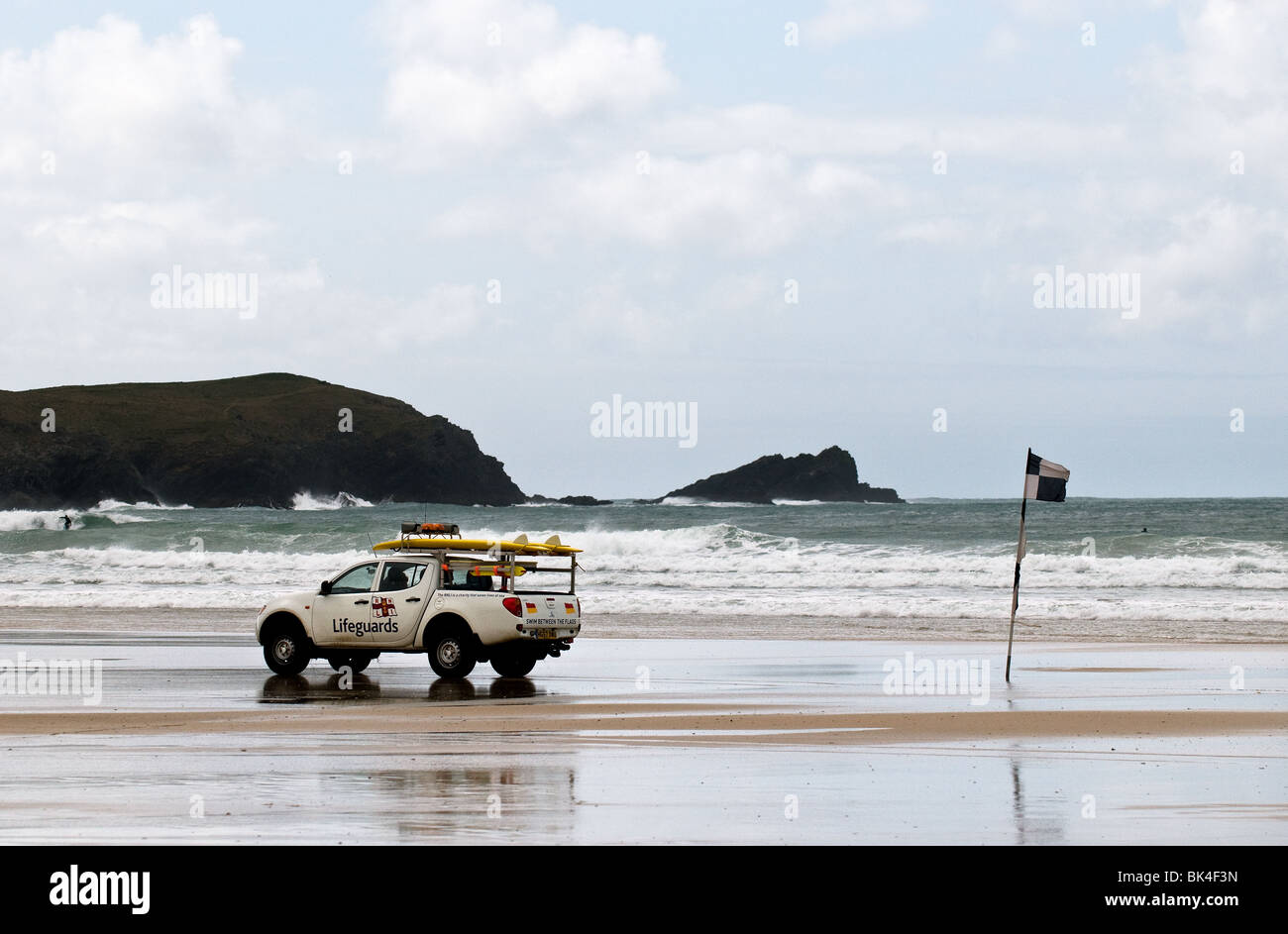 A RNLI patrol vehicle on Fistral Beach in Newquay in Cornwall.  Photo by Gordon Scammell Stock Photo