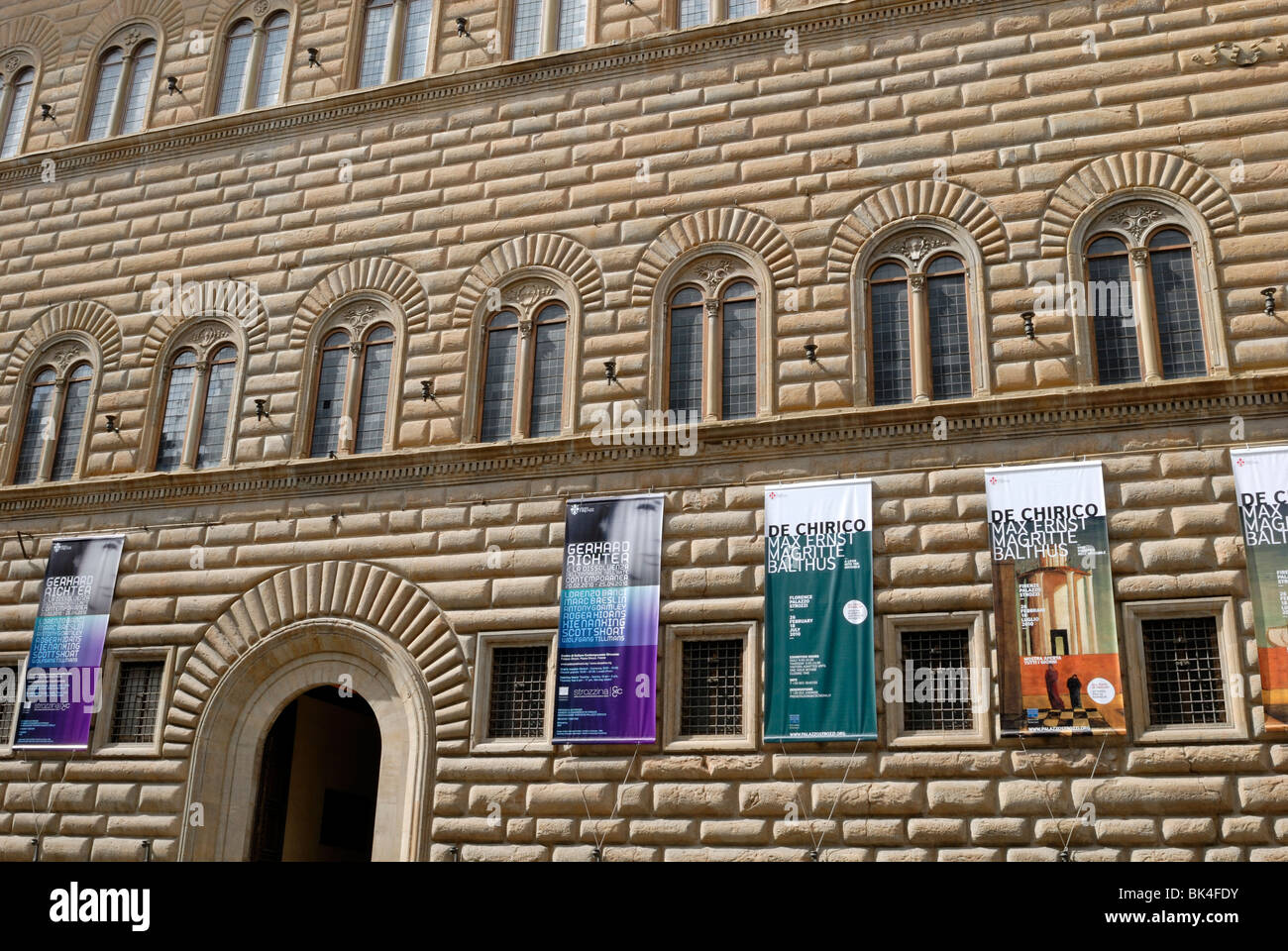 The exterior of the Palazzo Strozzi, the biggest Palazzo in Florence. The Palazzo Strozzi has hosted world class exhibition of a Stock Photo