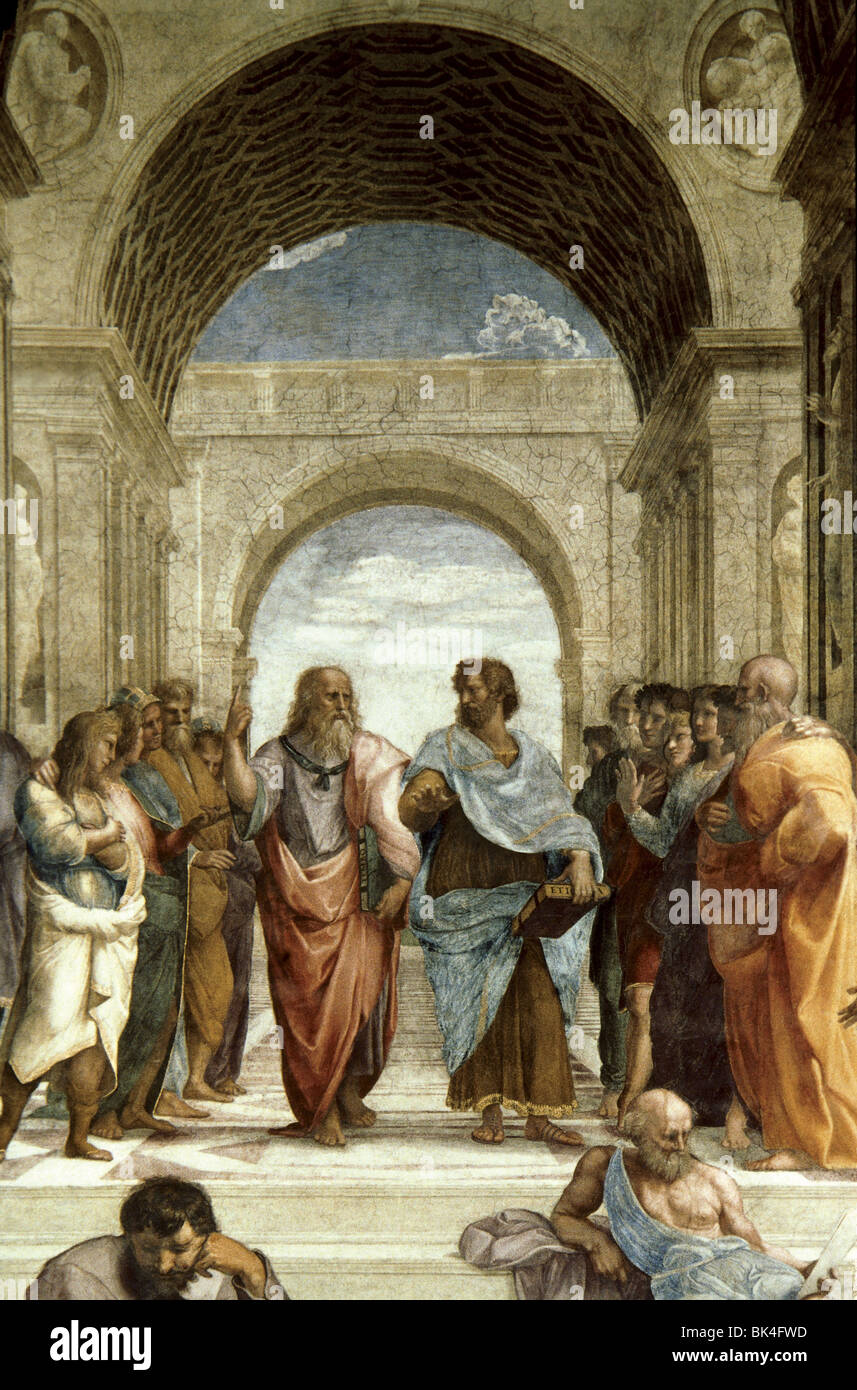 School of Athens. Ca. 1510-1512 - Detail of a mural by Raphael- in the center Plato discourses with Aristotle - Vatican City Stock Photo