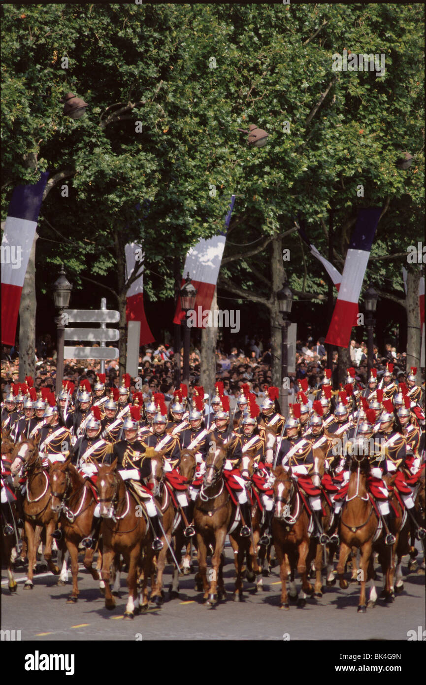 Republican Guards on the Champs Elysees during Bastille Day, Paris Stock Photo
