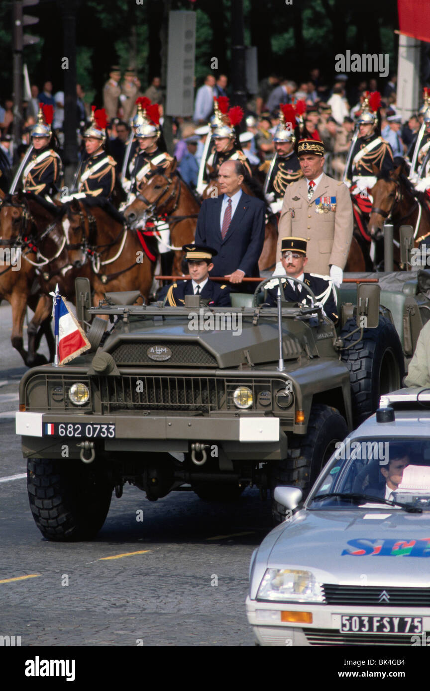French President Francois Mitterrand in Bastille Day Parade, Paris, France Stock Photo