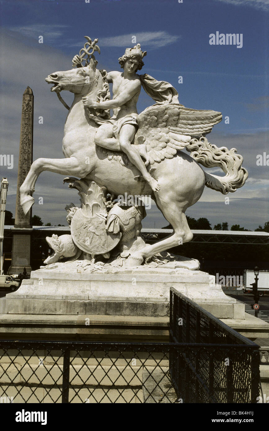 Charles Antoine Coysevox sculpture of Mercury riding Pegasus, 1699-1702, in the Tuileries Gardens, Paris, France Stock Photo