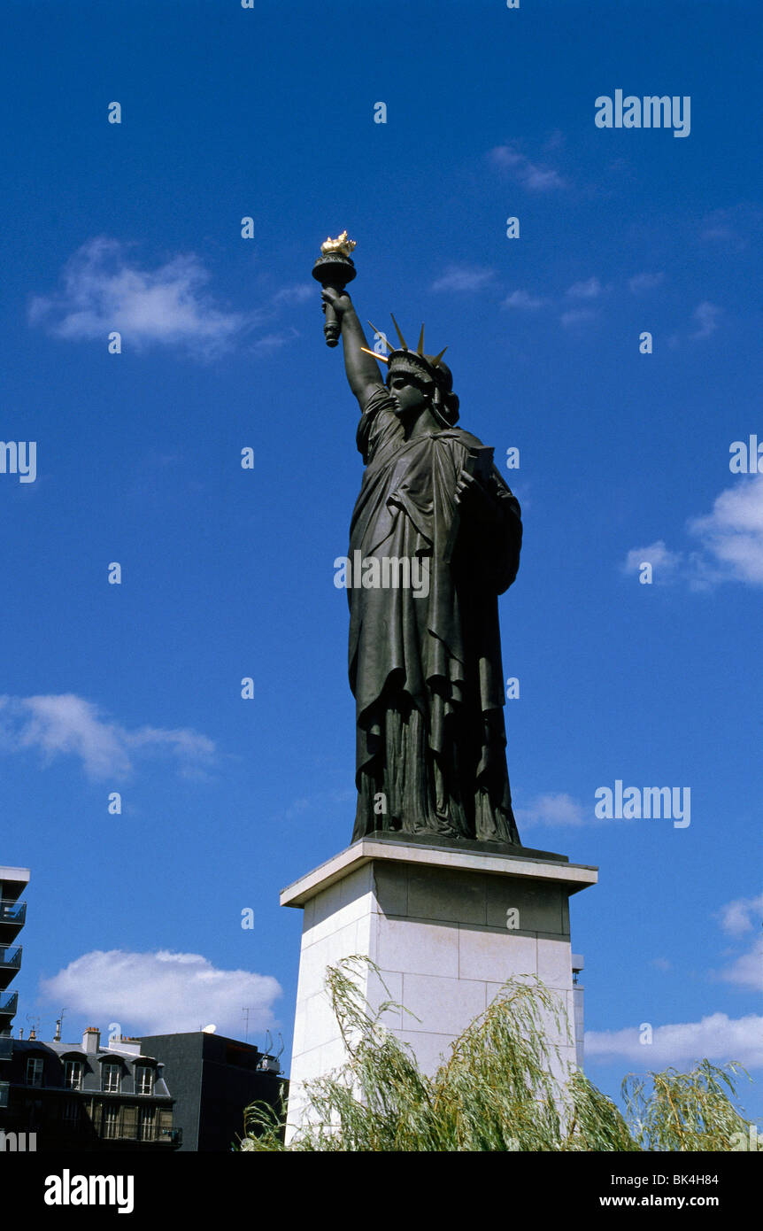 The French Statue of Liberty on the river Seine in Paris, France Stock