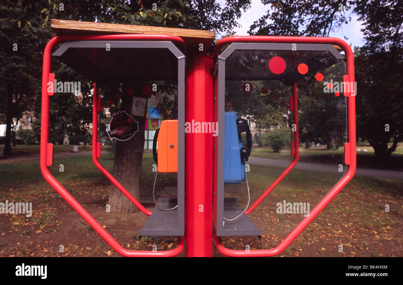 Telephone booth in municipal city garden; Sofia, Bulgaria. Stock Photo