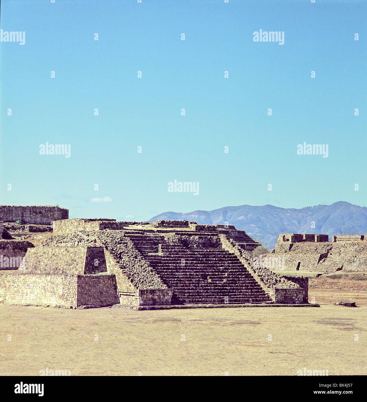 Step pyramid at the pre-Columbian site of Monte Alban in the State of Oaxaca, Mexico Stock Photo