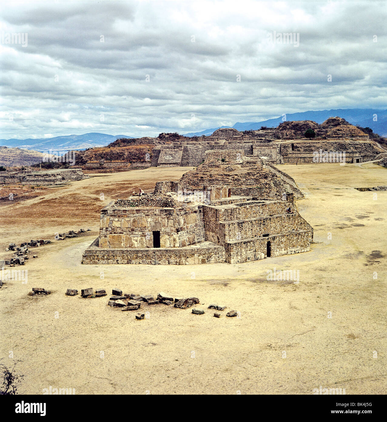 Monte Alban archaeological site a pre-Columbian site in Mexican State of Oaxaca Mexico - view shows main plaza from South Stock Photo