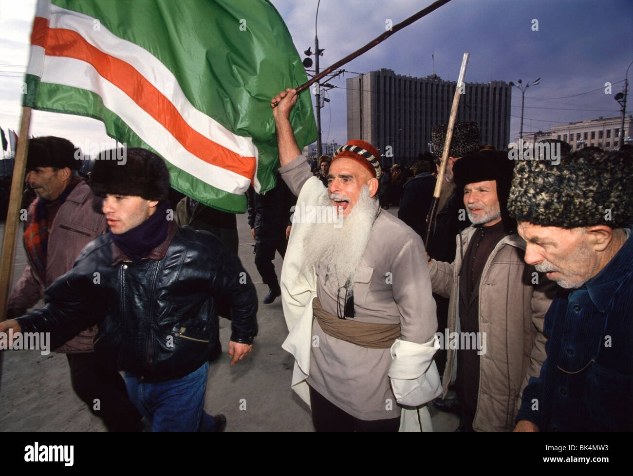 Chechen Dudayev supporters rally outside the 'Presidential Palace' in central Grozny, Chechnya. Stock Photo