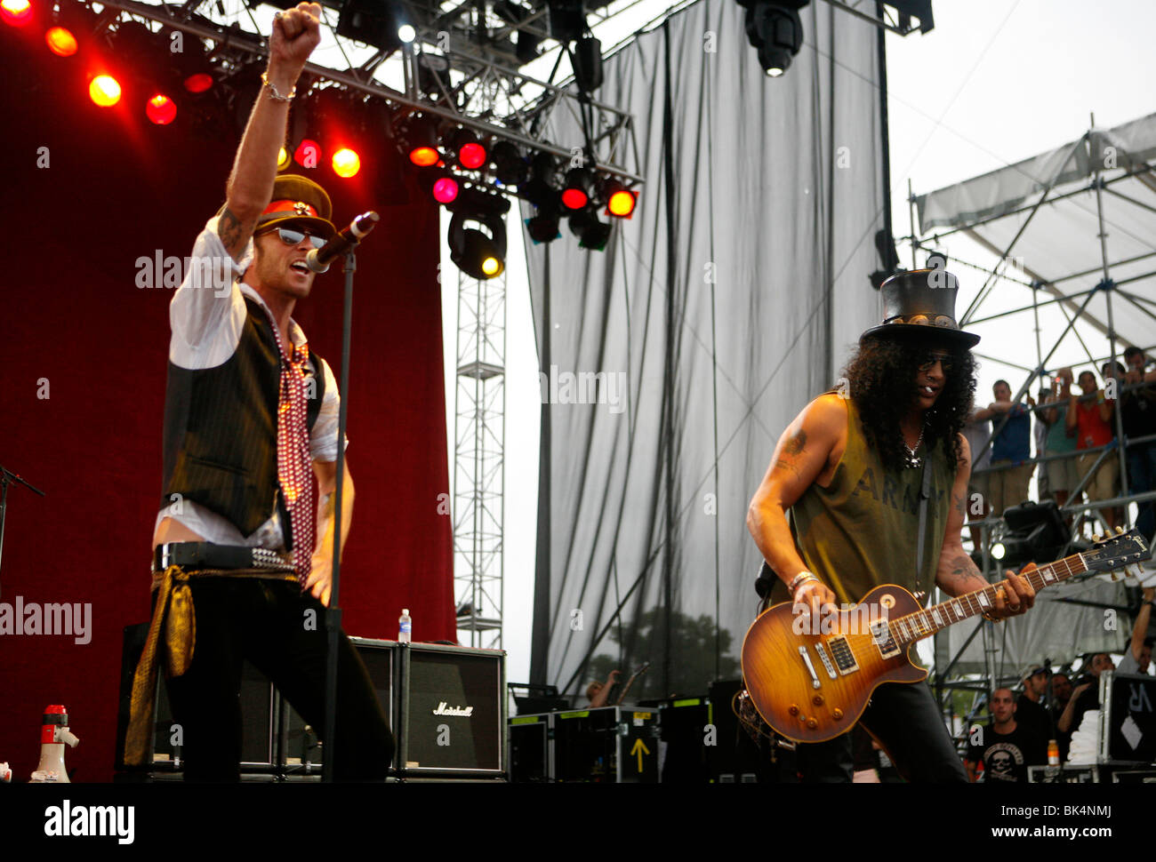 Scott Weiland and Slash of Velvet Revolver perform during a concert. Stock Photo