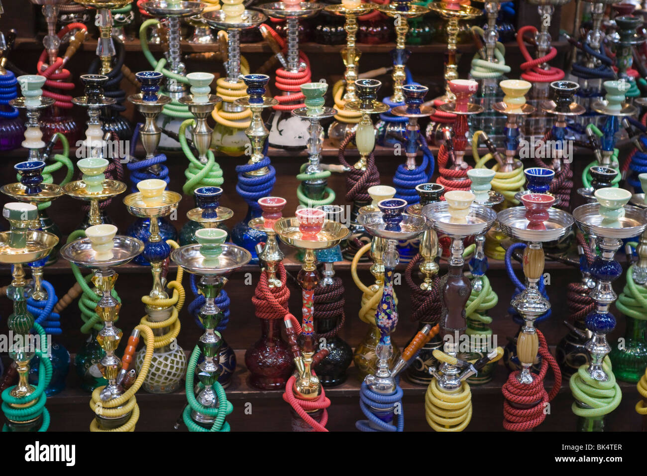 Hookah or hubble bubble pipes for sale in a souk, Dubai, United Arab Emirates, Middle East Stock Photo