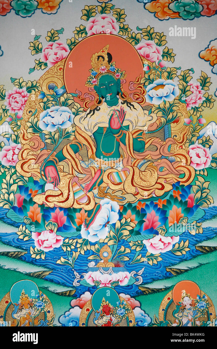 Painting of Green Tara, Buddhist symbol of prosperity, Kopan monastery, Kathmandu, Nepal, Asia Stock Photo