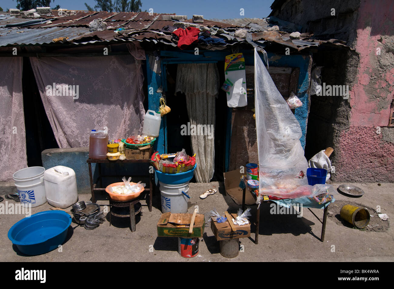 A grocery in a makeshift residence compound in Port au Prince Haiti Stock Photo