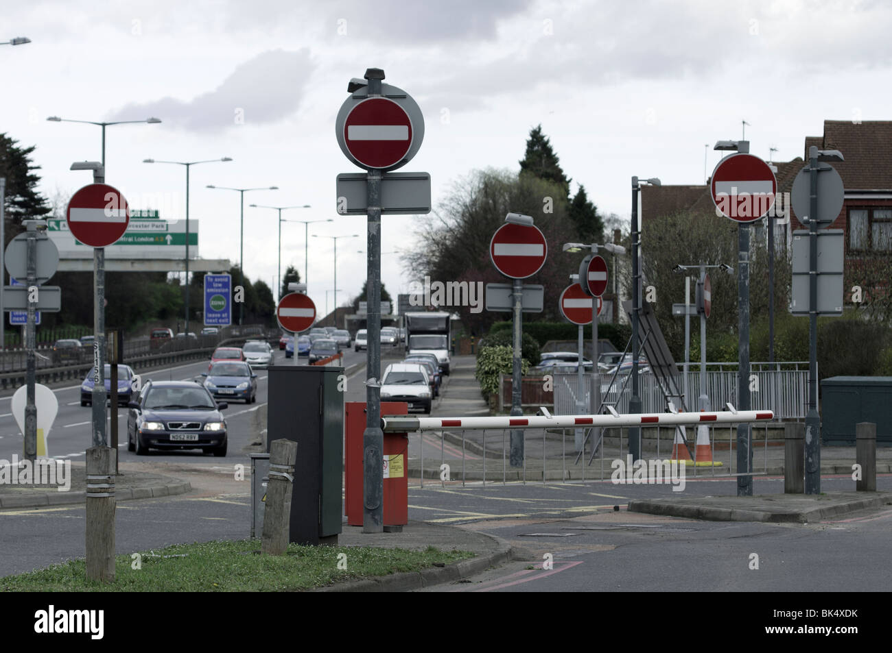 A mas of no entry signs at a confusing road junction on the A3 at New Malden, London, England Stock Photo