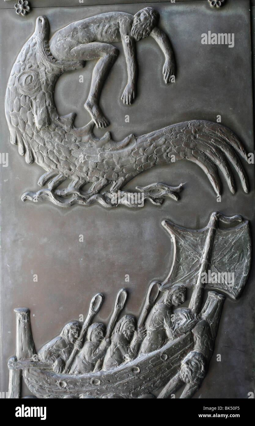 Sculpture of Jonah and the Whale on the door of the Annunciation Basilica, Nazareth, Galilee, Israel, Middle East Stock Photo