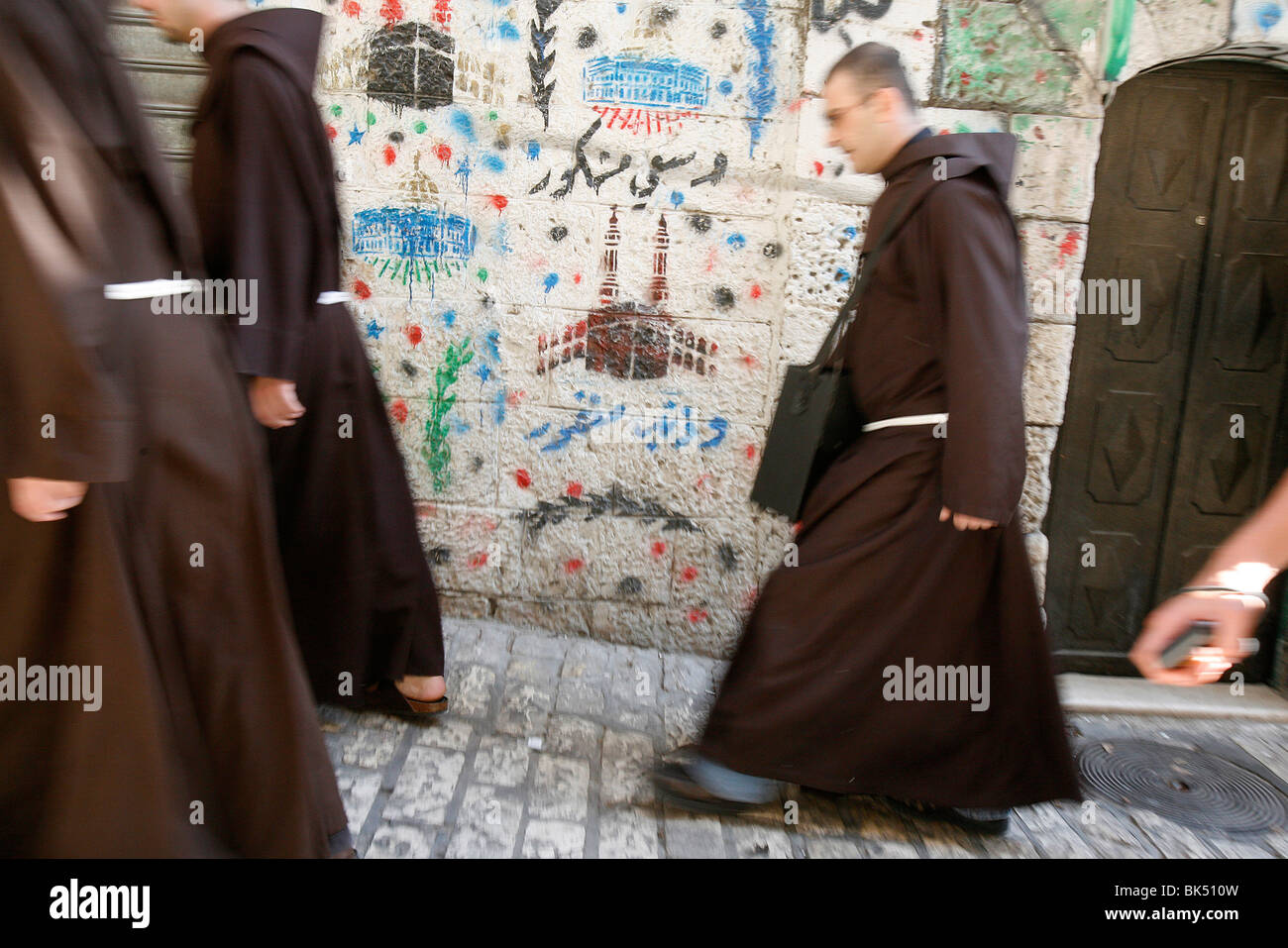 Franciscan monks in Old City, Jerusalem, Israel, Middle East Stock Photo