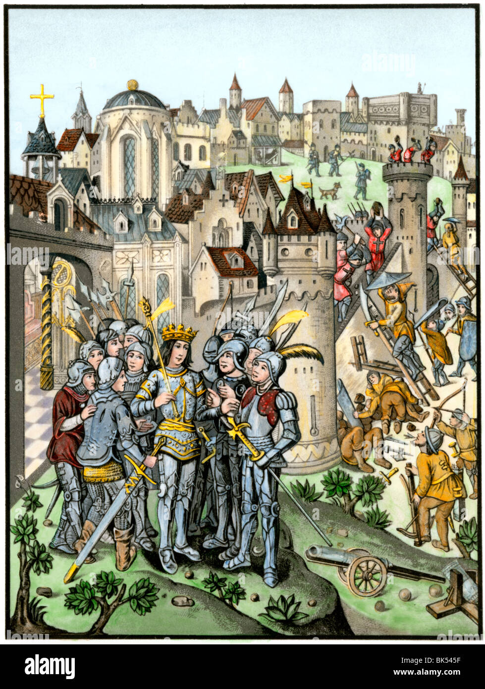 Siege of town defended by the Burgundians under Charles VI, Hundred Years' War. Hand-colored woodcut Stock Photo