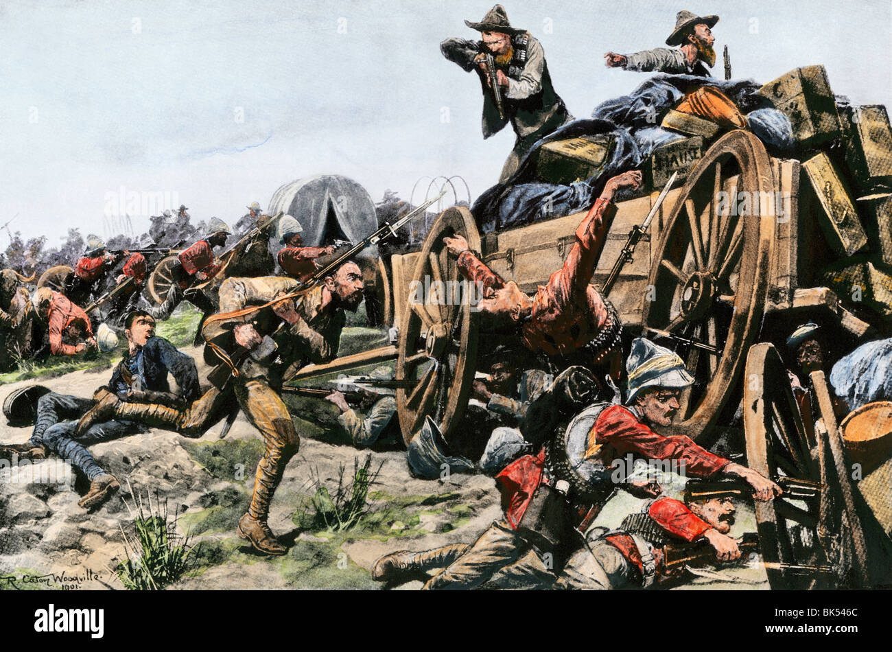 Boer assault on a British convoy in South Africa, 1902. Hand-colored halftone of an illustration Stock Photo