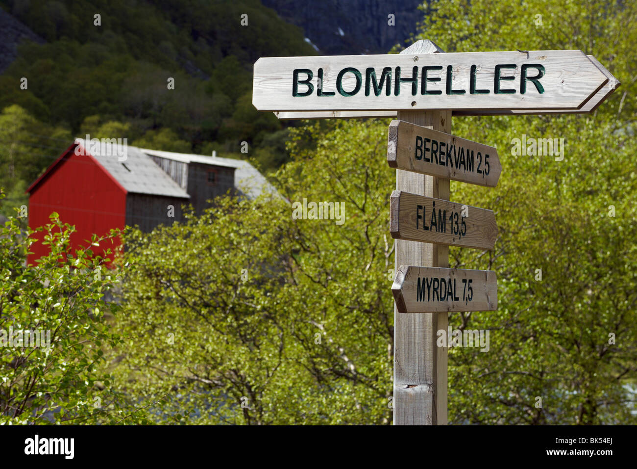 Close-up of Road Sign, Fjord at Flam, Norway Stock Photo