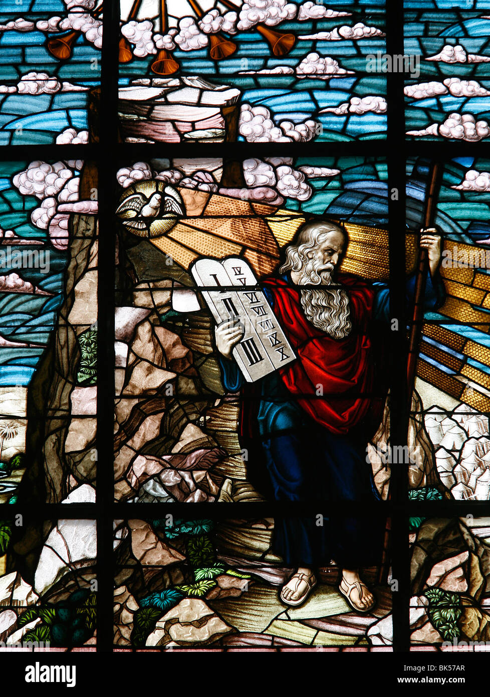 Stained glass of Moses holding the tablets of the Law, Vienna, Austria, Europe Stock Photo