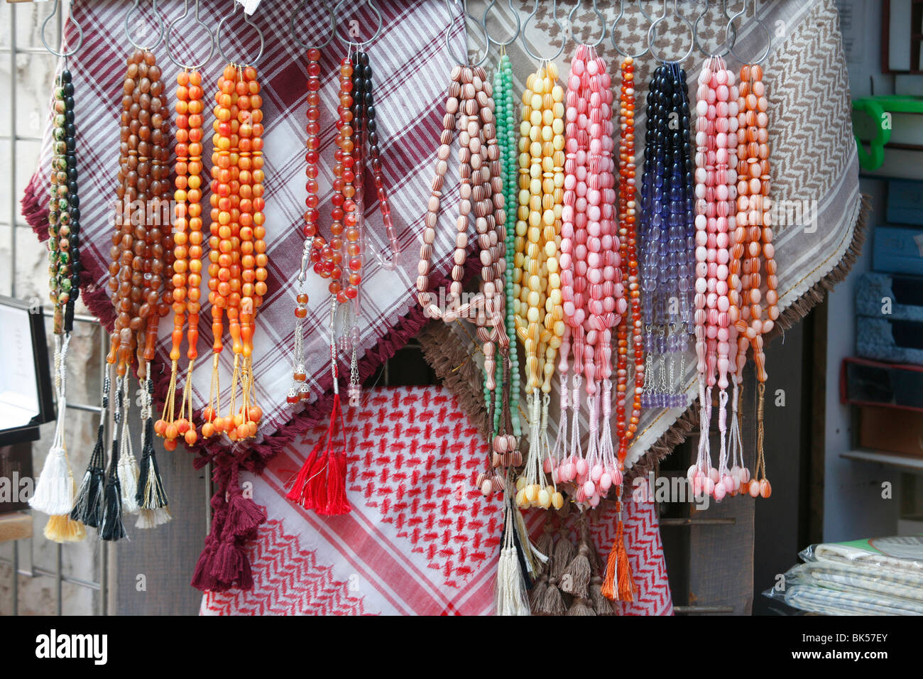 Middle Eastern scarves and beads, Doha, Qatar, Middle East Stock Photo