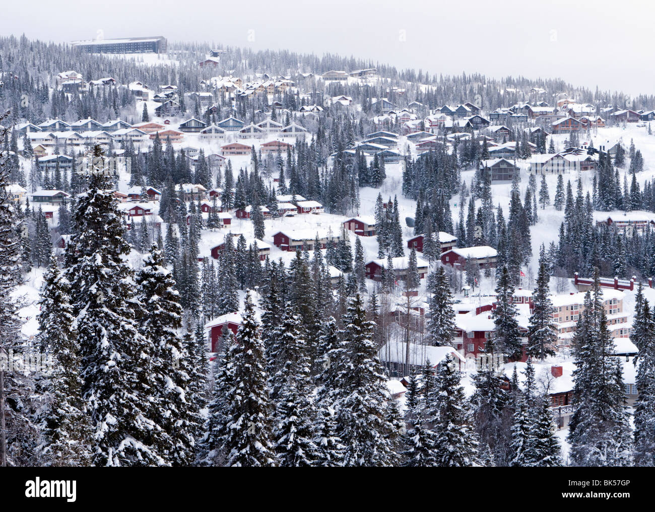 View of holiday chalets above Åre ski resort in Sweden in winter Stock Photo