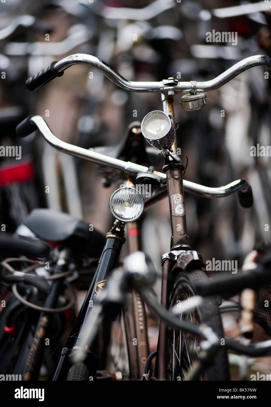 Many bicycles parked outside station in the Netherlands Stock Photo