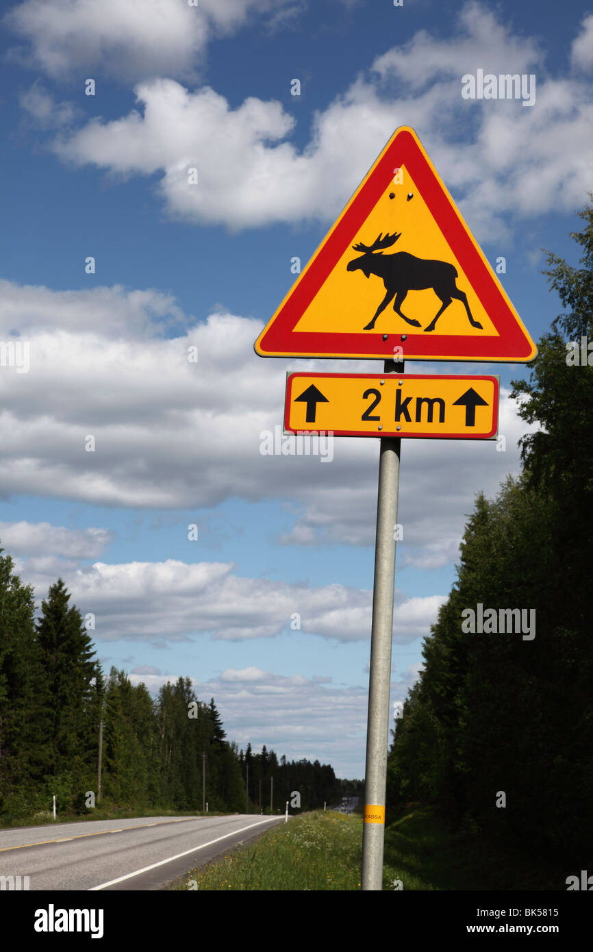 Road sign for elk crossing, Highway Number 14, Punkaharju Ridge, Savonlinna, Savonia, Finland, Scandinavia, Europe Stock Photo