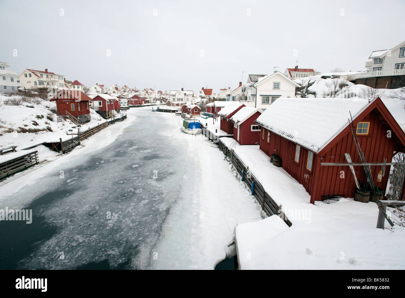 View of traditional village of Grundsund during winter on Bohuslan coast in Sweden Stock Photo