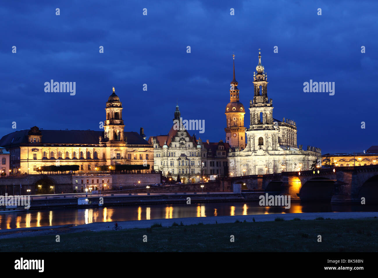 City skyline including Hofkirche, Hausmann Tower, Royal Palace and New State House, Dresden, Saxony, Germany Stock Photo