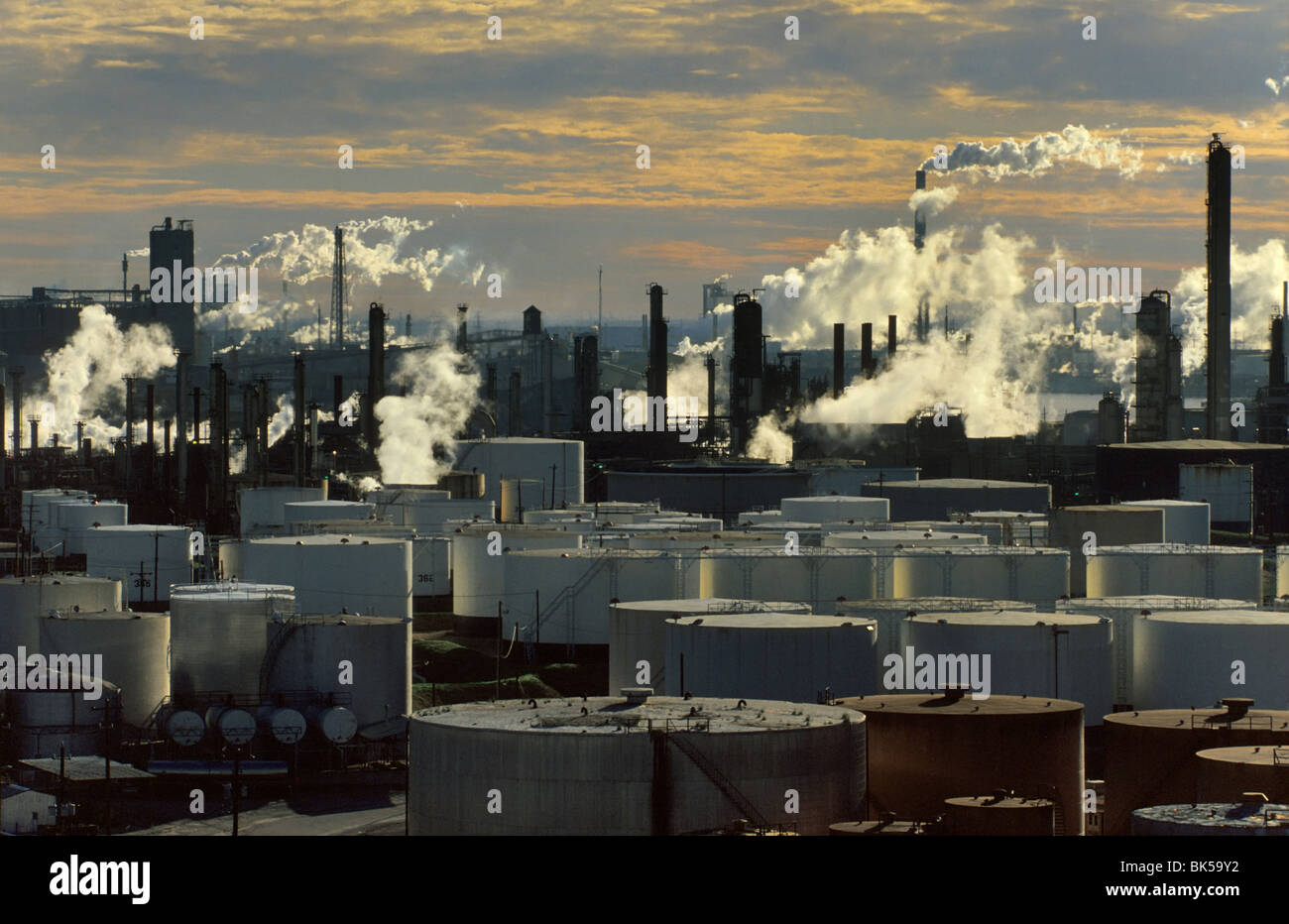 Oil refineries near Ship Channel in Pasadena, seen in early morning from Loop 610 bridge in Houston, Texas, USA Stock Photo