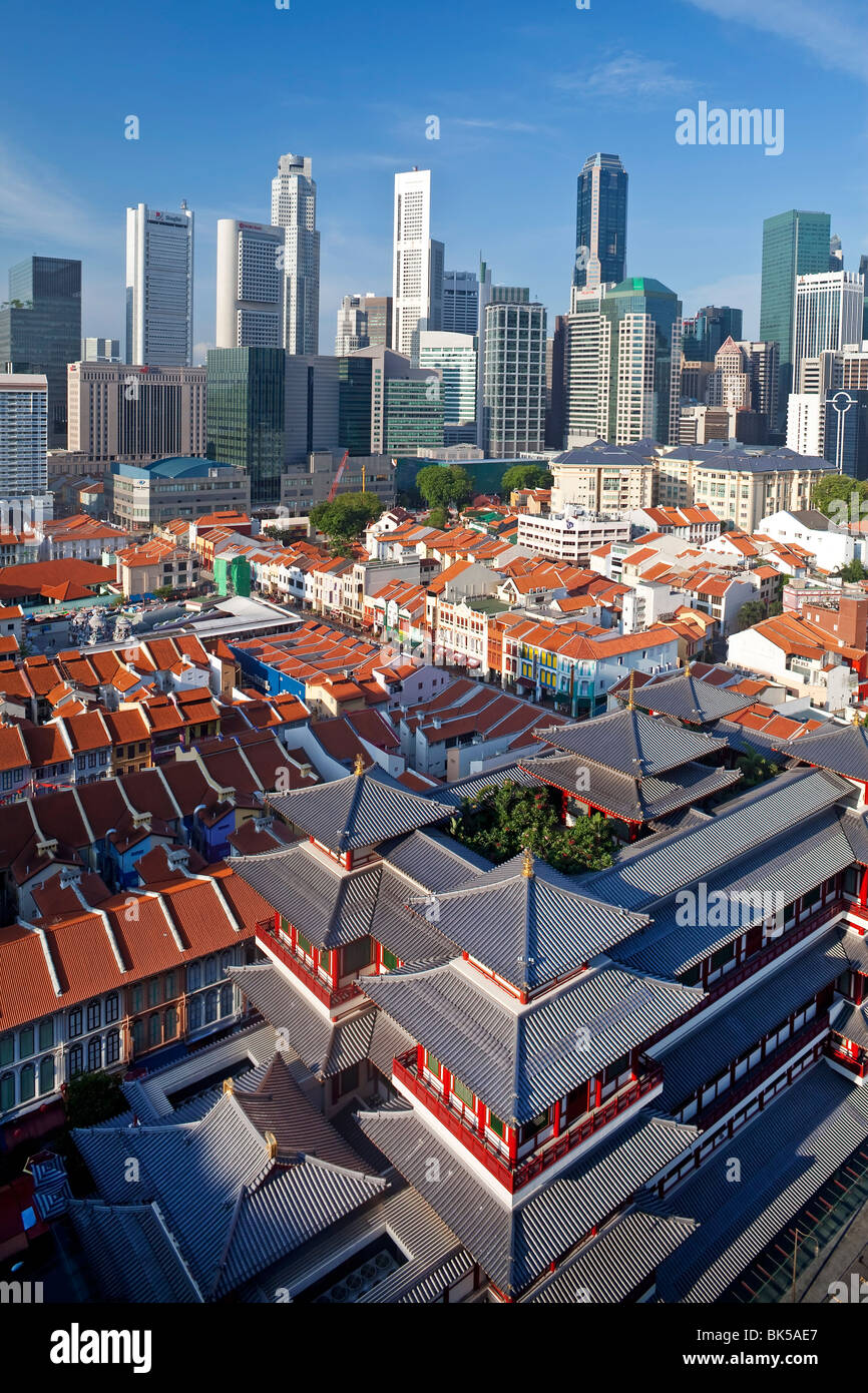 Elevated view over Chinatown, the new  Buddha Tooth Relic temple and modern city skyline, Singapore, Southeast Asia, Asia Stock Photo