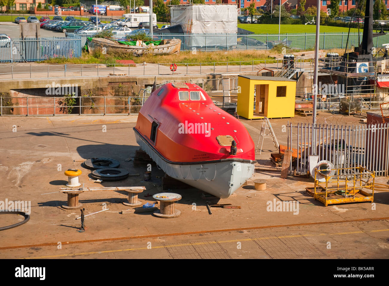large lifeboat off ship in dry dock Stock Photo