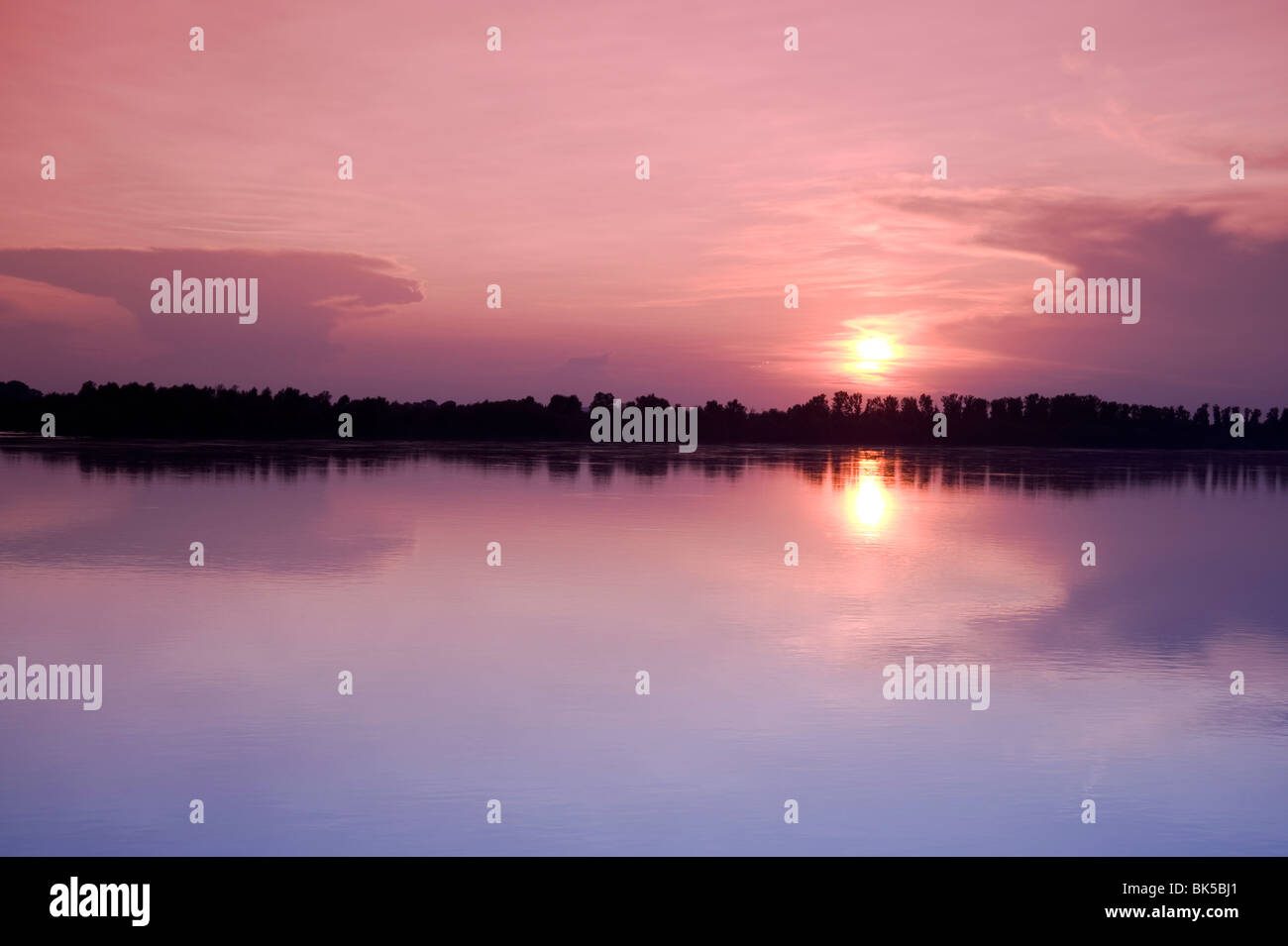 Sunset on the Danube River near Kalocsa, Hungary, Europe Stock Photo