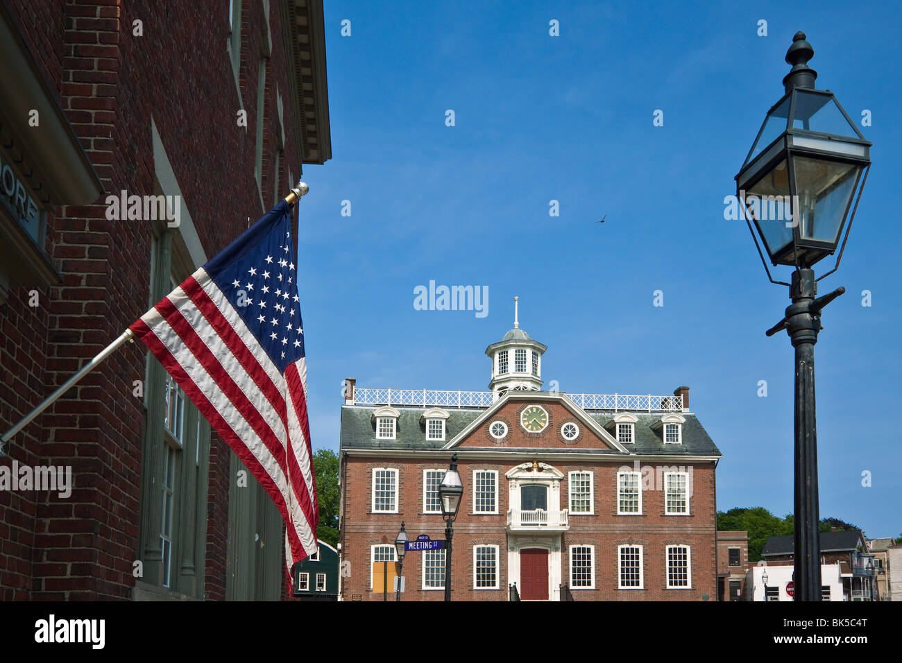 The Stars and Stripes and  Old Colony House used in the film Amistad, on Washington Square in Newport, Rhode Island, USA Stock Photo