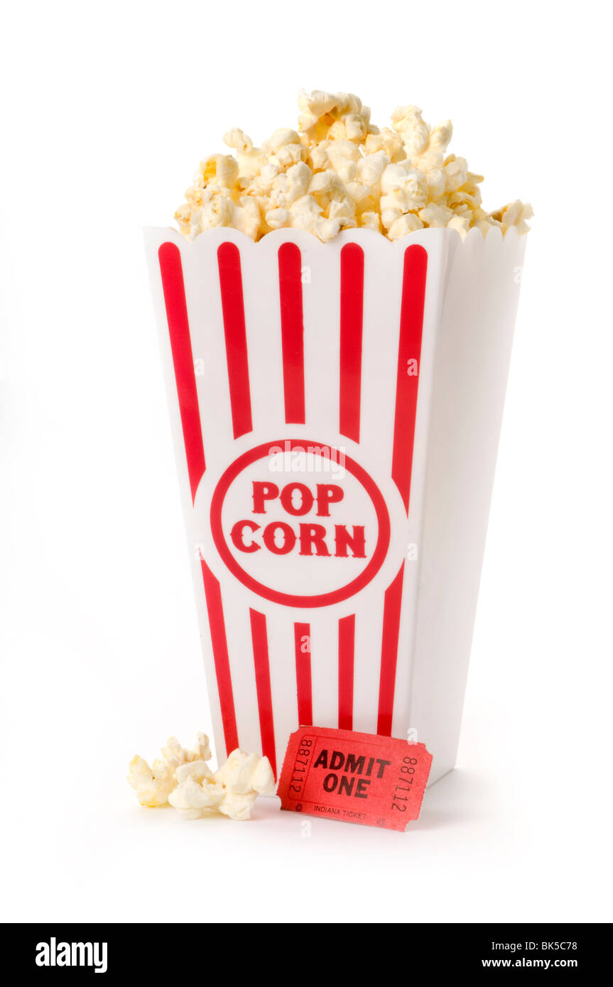 popcorn and movie ticket Stock Photo