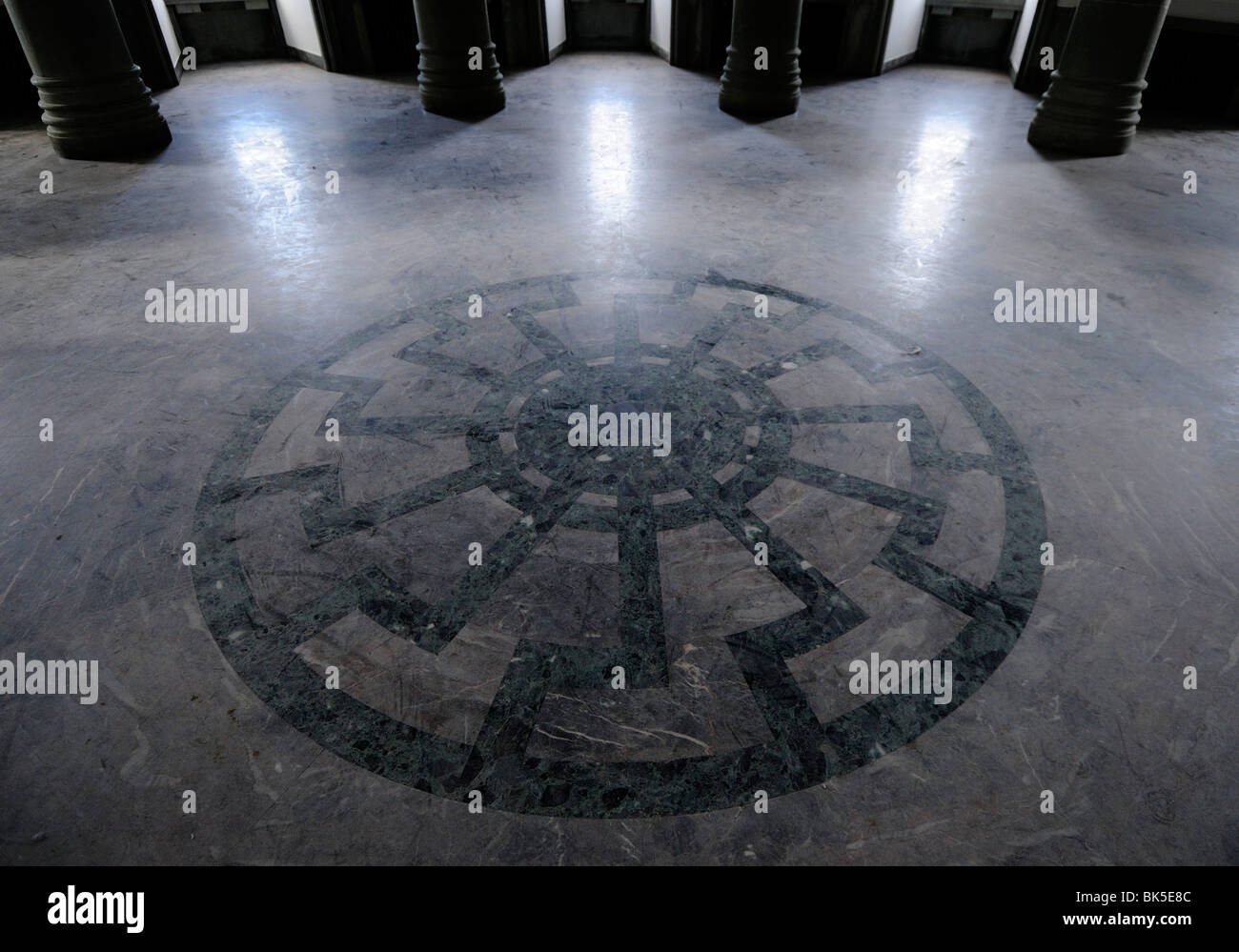 Occult symbol of a black sun in the floor of the Hall of SS Generals, Wewelsburg Castle, Germany Stock Photo