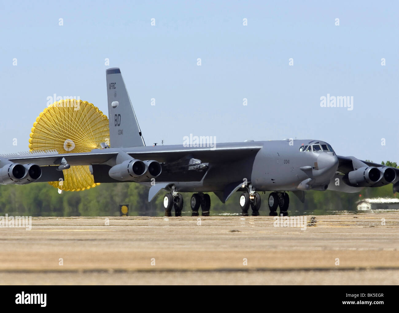 A B-52 Stratofortress deploys its drag chute while landing at Barksdale Air Force Base, Louisiana, USA Stock Photo
